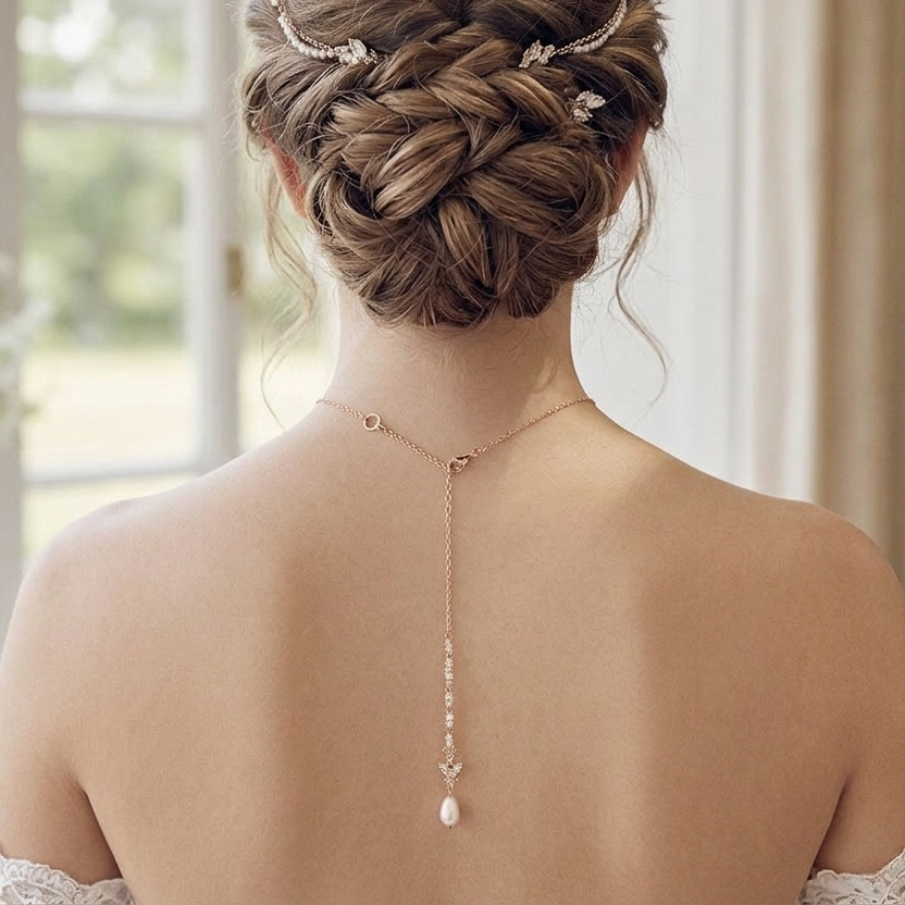 Wedding Bridal 2pcs Floral and Pearl Backdrop CZ Necklace and Earrings Set