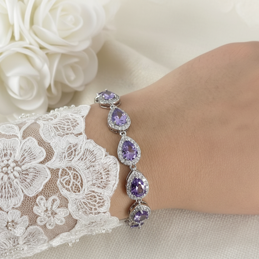 Wedding Bridesmaids CZ Amethyst Purple Full Teardrop Bridal Bracelet