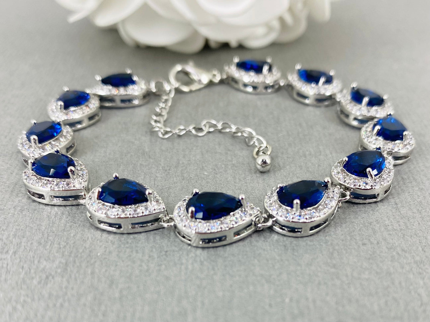 Coco CZ White Gold Plated Sapphire Blue Teardrop Bracelet