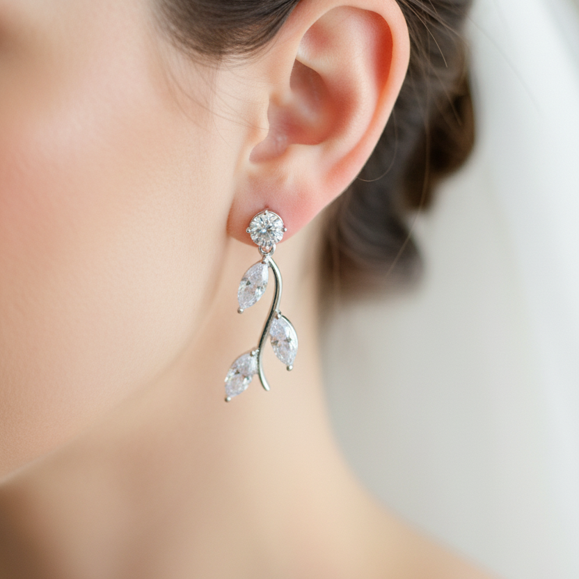 Wedding Bridal CZ Leaf-shaped Dangle Earrings