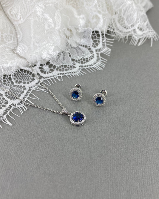 Luna 2pcs CZ Small Circle Something Blue Necklace and Earrings Set