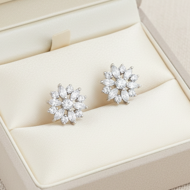 Wedding Bridal CZ Classic Flower Stud Earrings