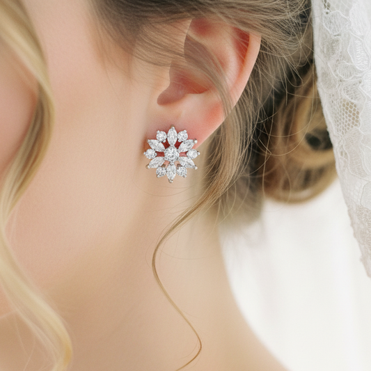 Wedding Bridal CZ Classic Flower Stud Earrings