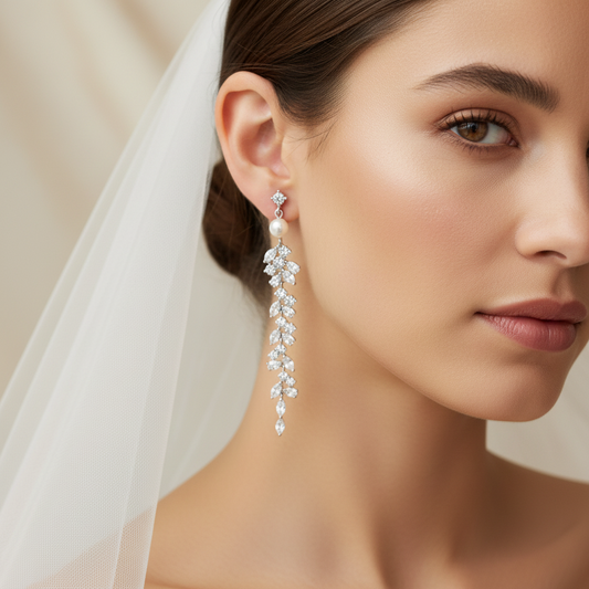 Pearl Crystal Leaf Drop Clip on Earrings