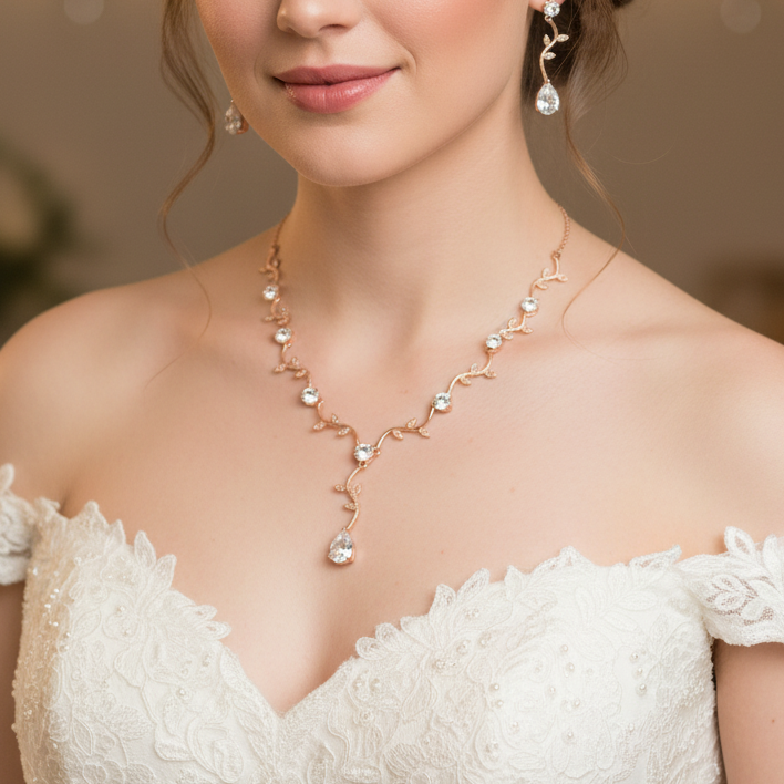 Wedding Bridal 2pcs CZ Floral Rose Gold Plated Necklace and Earrings Set