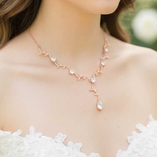 Wedding Bridal 2pcs CZ Floral Rose Gold Plated Necklace and Earrings Set