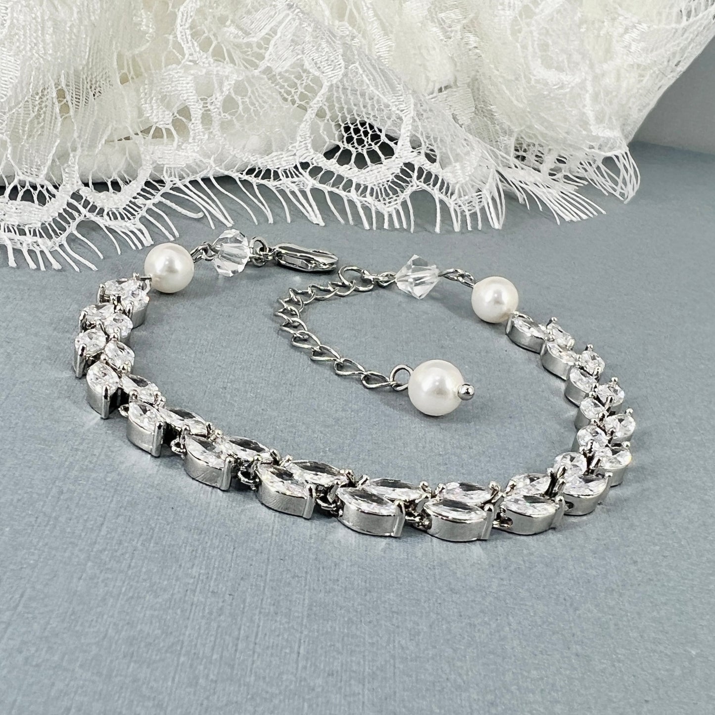 Nancy CZ Leaf and Pearl Bracelet