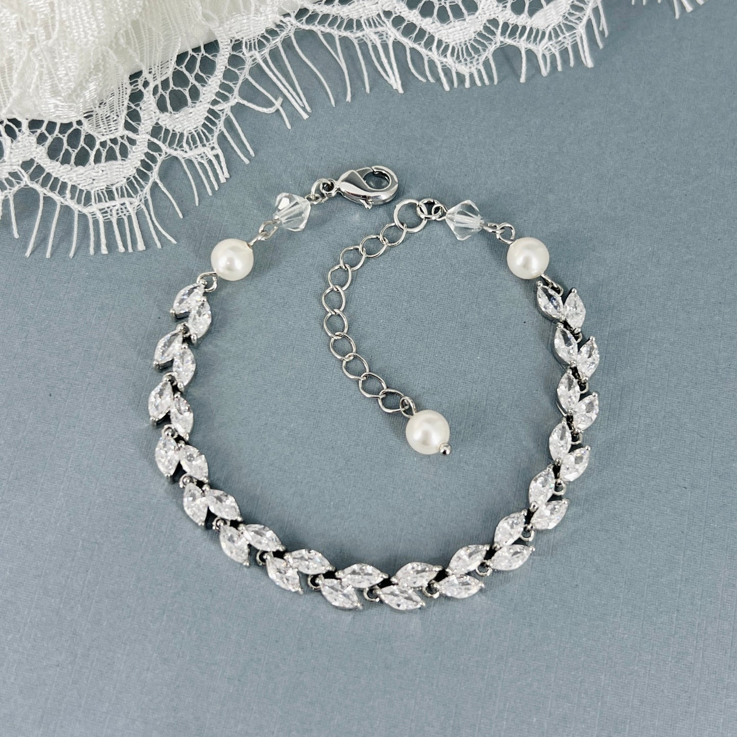 Nancy CZ Leaf and Pearl Bracelet