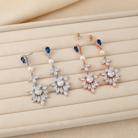 Wedding Statement Floral Marquise Blue Crystal and Pearl Earrings