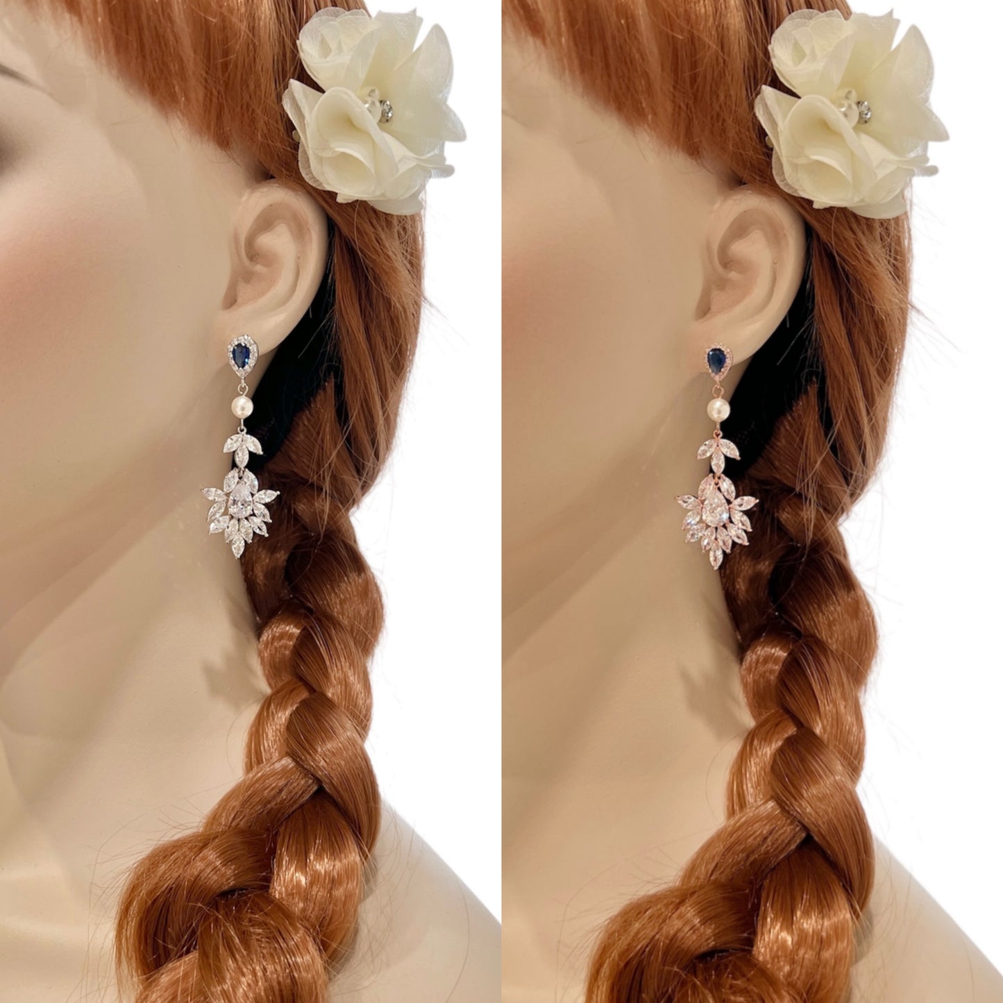 Boucles d'oreilles Adalyn CZ Leaf Long Drop 10 mm avec perles 