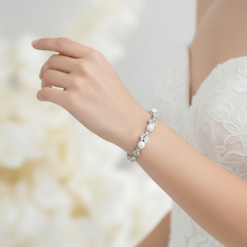 Wedding Bridal Cubic Marquise and Pearl Tennis Bracelet