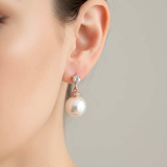 Wedding Bridal CZ Rose Gold 10mm Pearl Drop Earrings