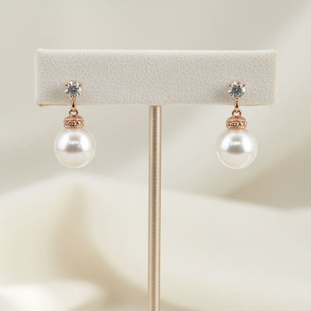 Wedding Bridal CZ Rose Gold 10mm Pearl Drop Earrings
