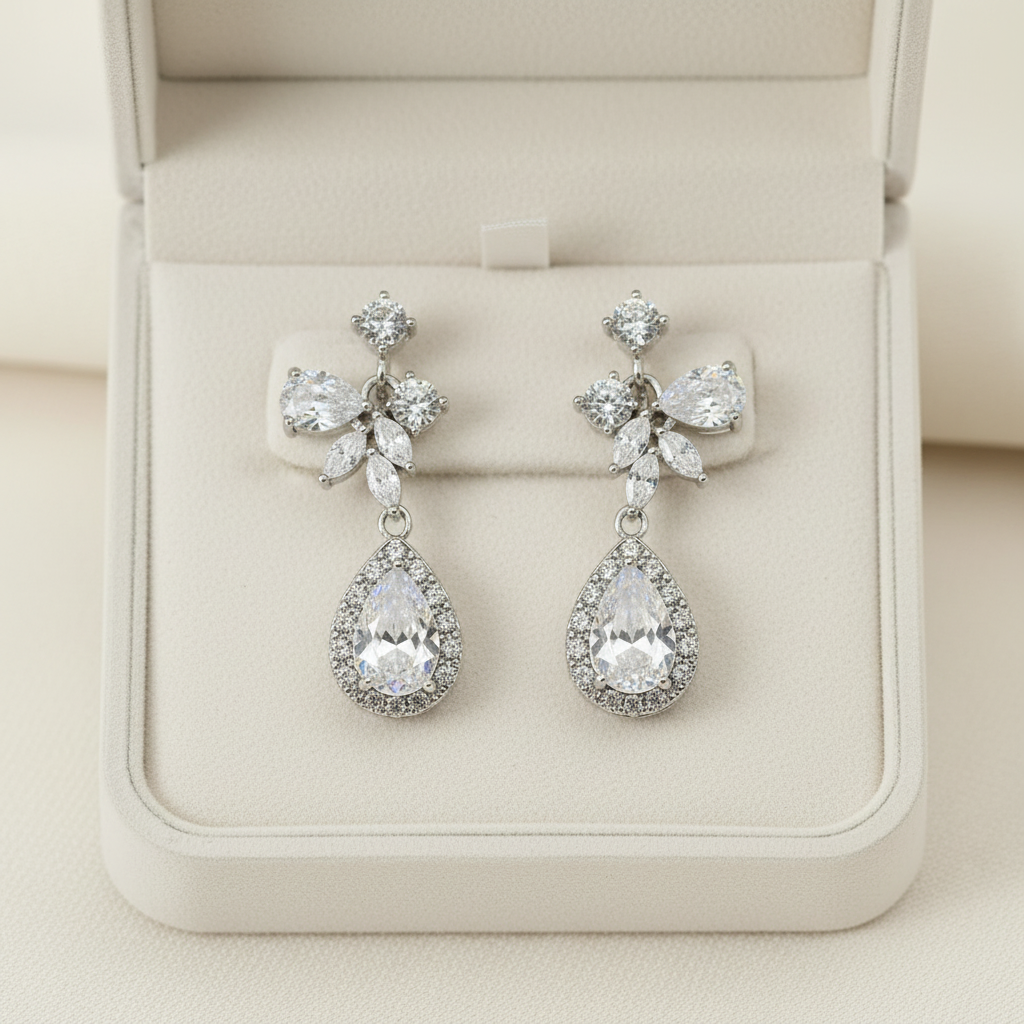 Wedding Bridal CZ Marquise Floral and Teardrop Clip-on Earrings