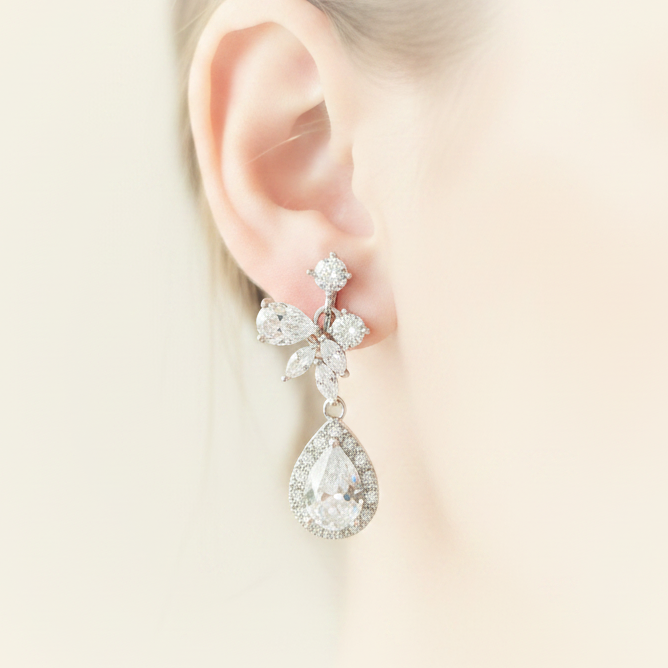Wedding Bridal CZ Marquise Floral and Teardrop Clip-on Earrings