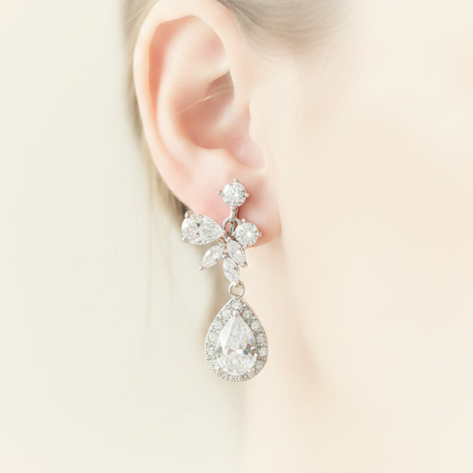 Wedding Bridal CZ Marquise Floral and Teardrop Clip-on Earrings