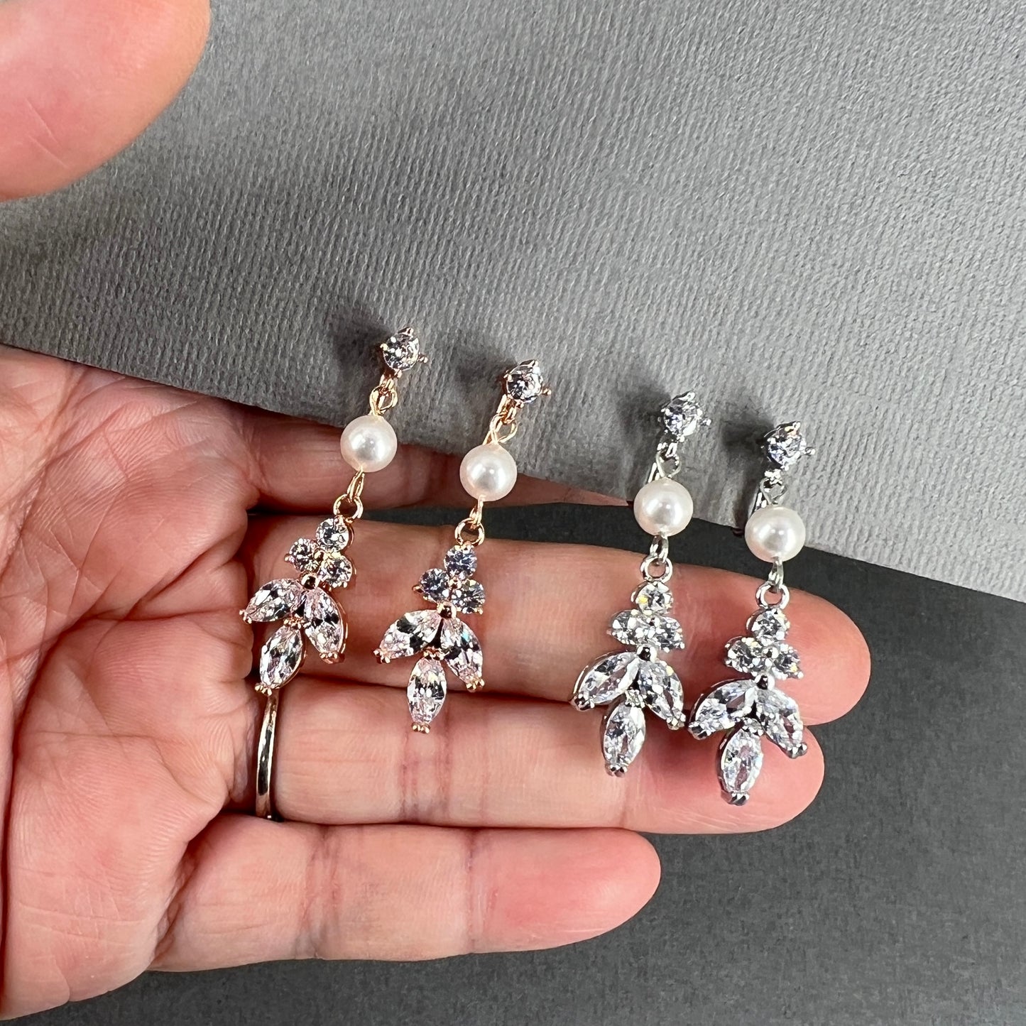 Mischa CZ Leaf and White Pearl Clip-on Earrings