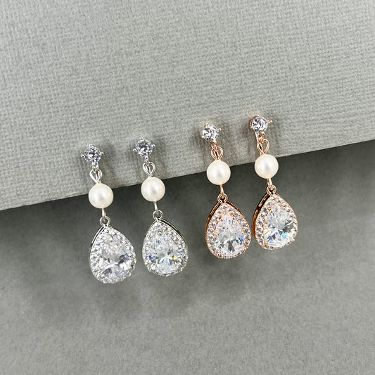 Melody CZ Teardrop and Pearl Clip-on Earrings