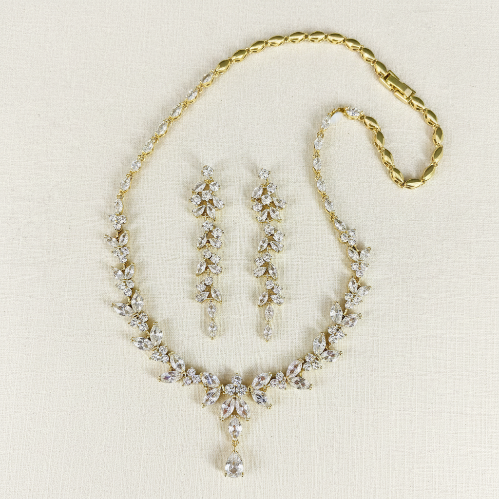 Wedding Bridal 2pcs 18K Gold Plated CZ Necklace and Earrings Set