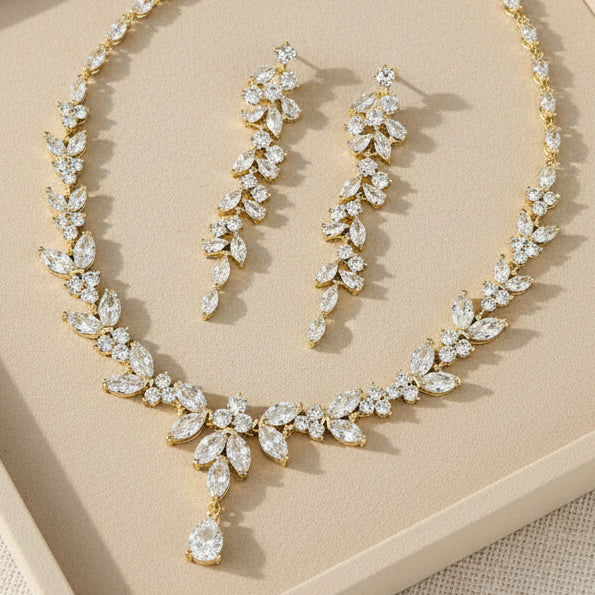 Wedding Bridal 2pcs 18K Gold Plated CZ Necklace and Earrings Set