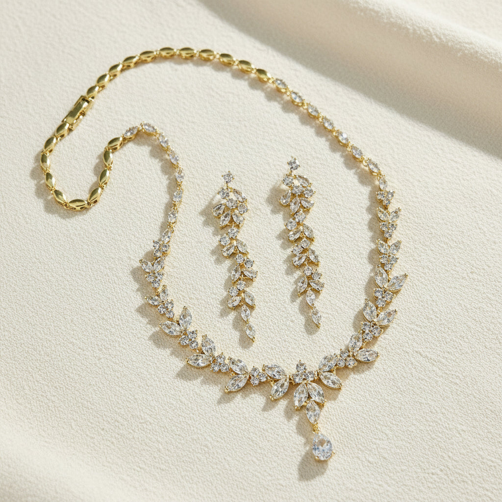 Wedding Bridal 2pcs 18K Gold Plated CZ Necklace and Earrings Set