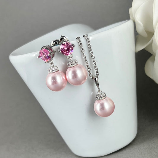 Ensemble collier et boucles d'oreilles en perles roses Lydia 2 pièces CZ 10 mm 