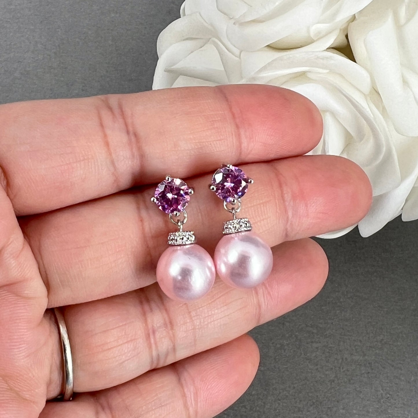 Ensemble collier et boucles d'oreilles en perles roses Lydia 2 pièces CZ 10 mm 