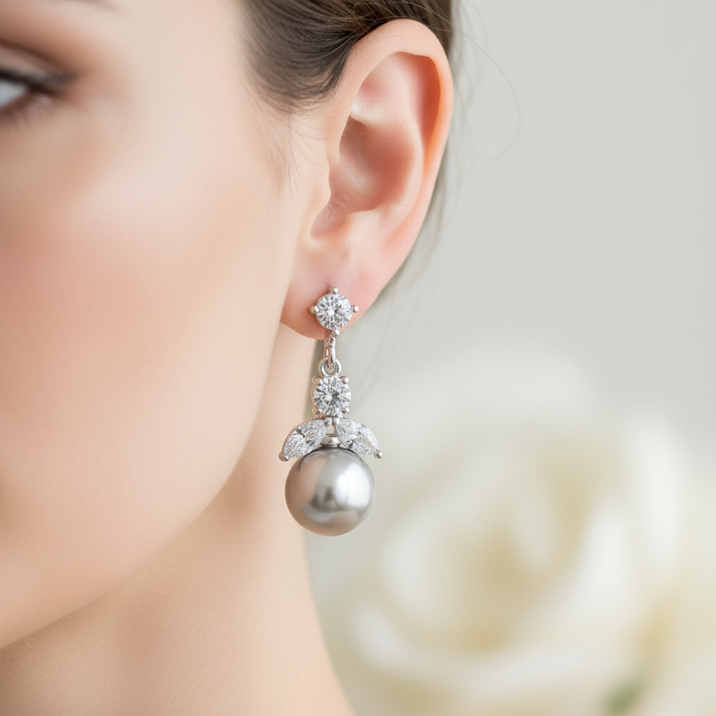 Boucles d'oreilles clips Miley CZ à fleurs et perles grises 