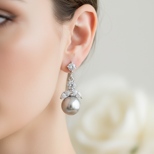 Wedding Bridal CZ Floral and Grey Pearl Clip-on Earrings