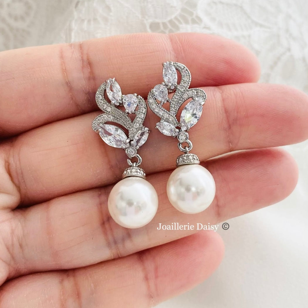 Abigail CZ Floral Round Pearl Drop Earrings