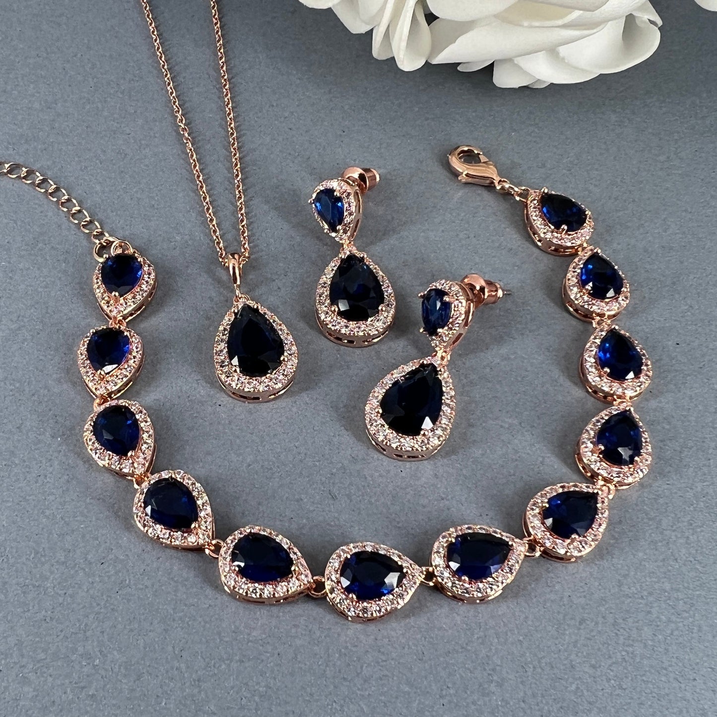 Tori 3pcs CZ 18K Gold Plated Sapphire Jewelry Set