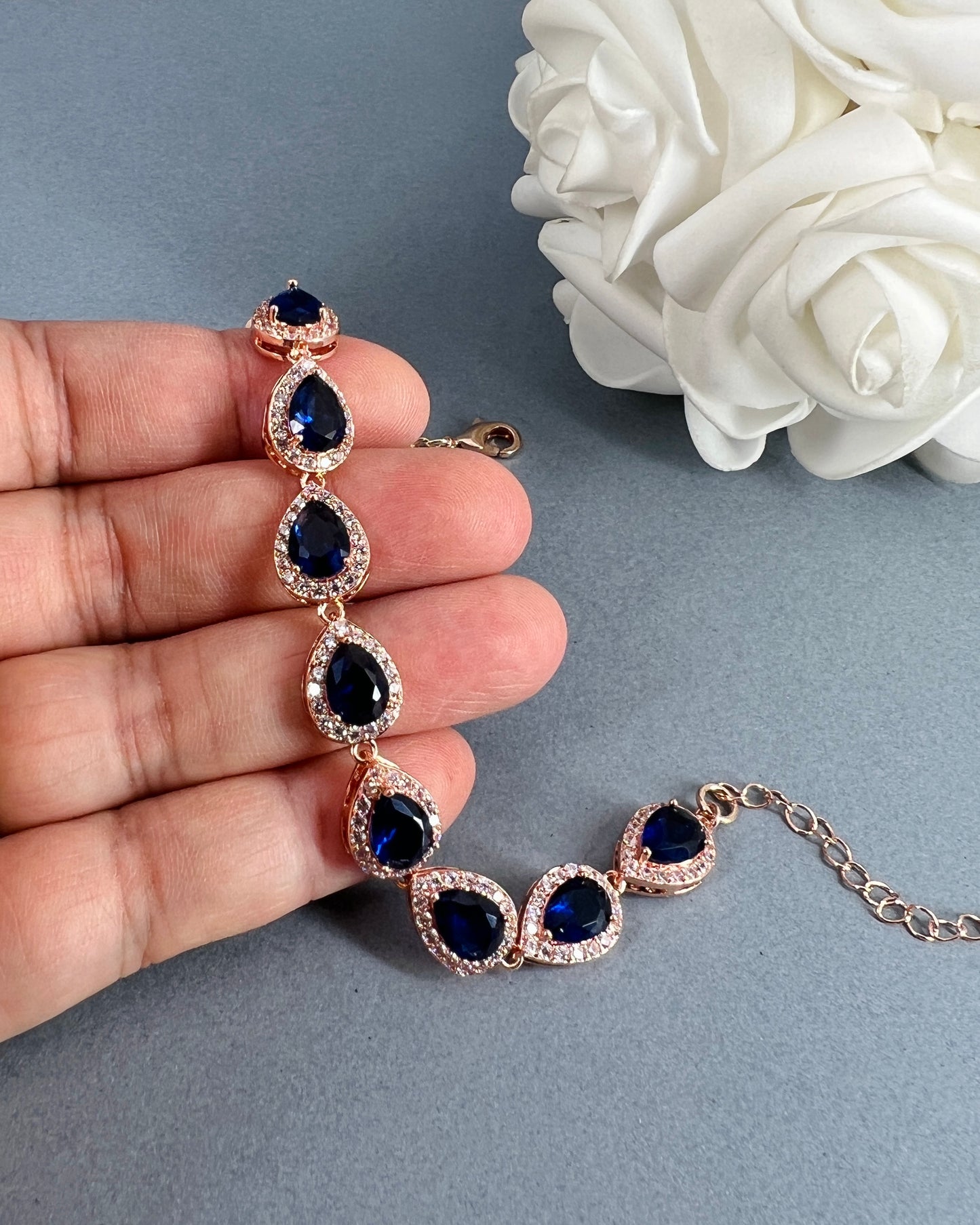 Coco CZ White Gold Plated Sapphire Blue Teardrop Bracelet