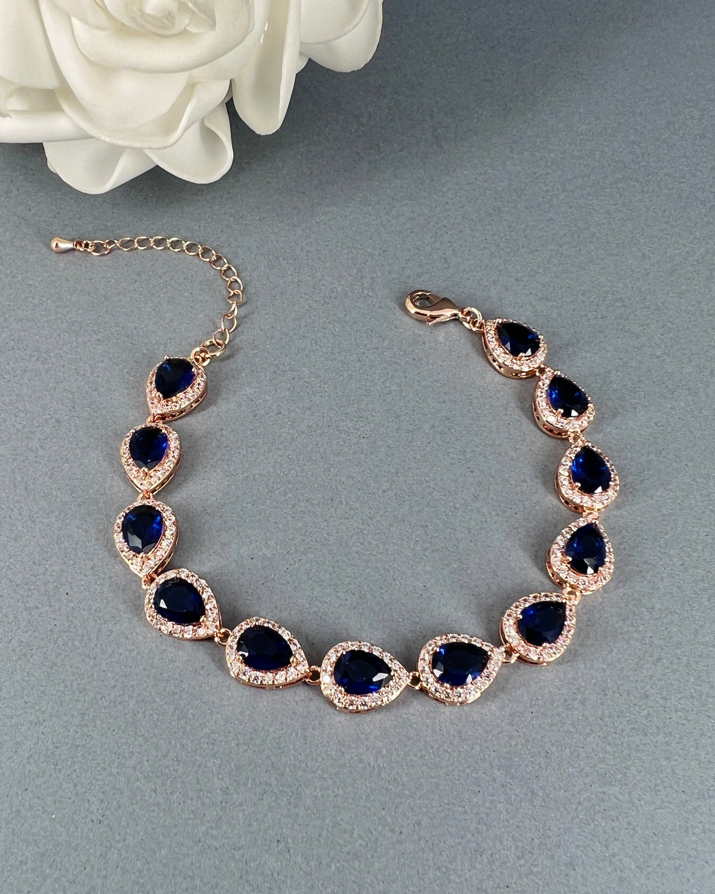 Coco CZ White Gold Plated Sapphire Blue Teardrop Bracelet