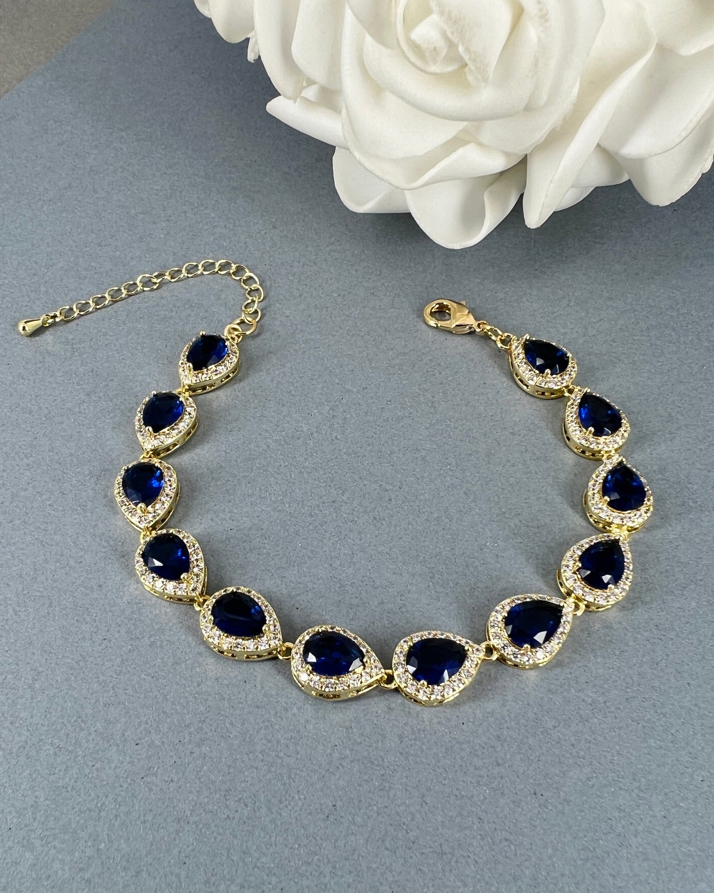 Coco CZ White Gold Plated Sapphire Blue Teardrop Bracelet