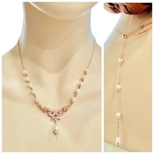 Pamela 2pcs CZ Floral and Pearl Backdrop Necklace and Earrings Set