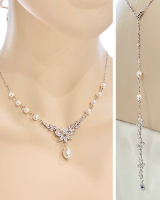Poet 2pcs CZ Floral and Pearl Backdrop Necklace and Earrings Set