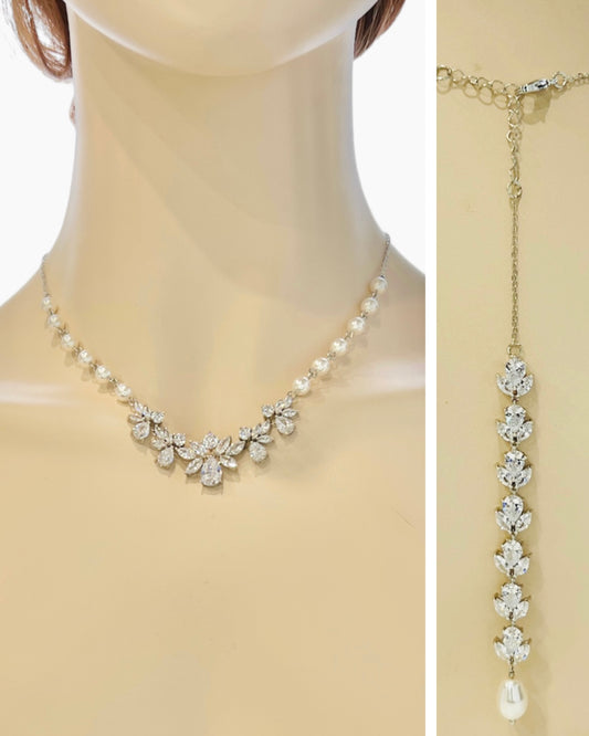 Pyper 2pcs CZ Floral and Pearl Backdrop Necklace and Earrings Set