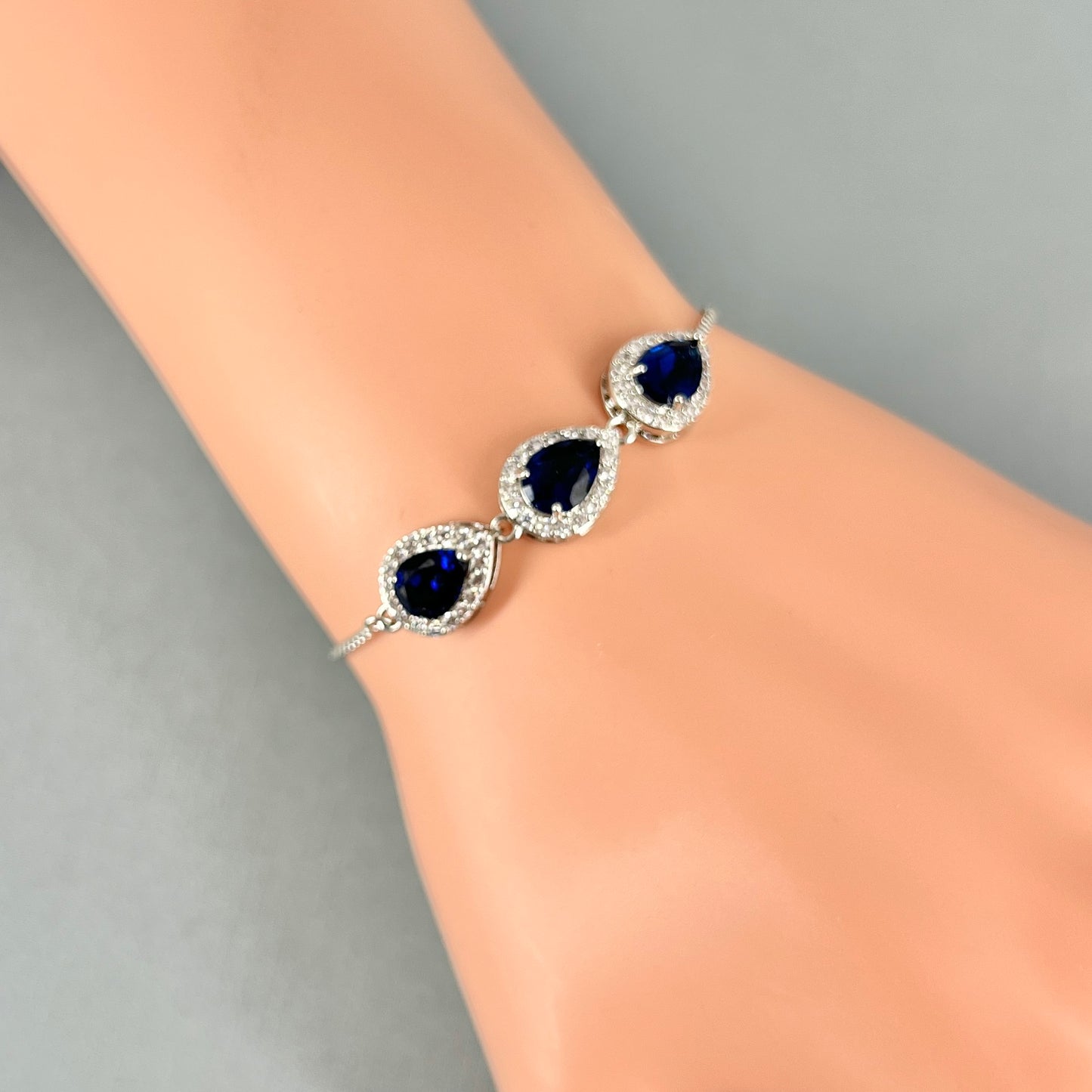 Hailey CZ Sapphire Blue Teardrop Adjustable Bracelet