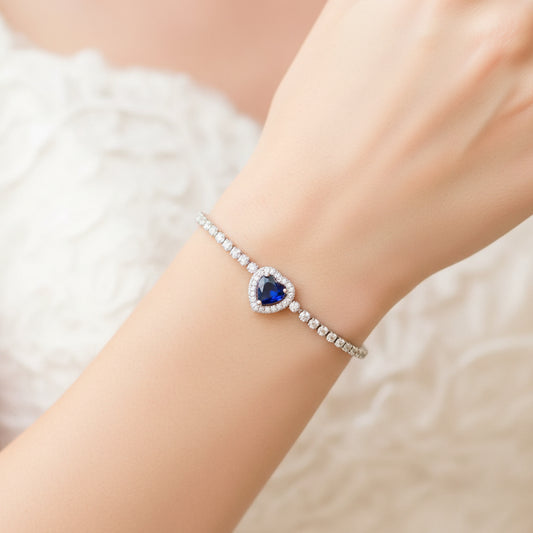 Wedding Bridal Cubic Sapphire Blue Heart Adjustable Bracelet