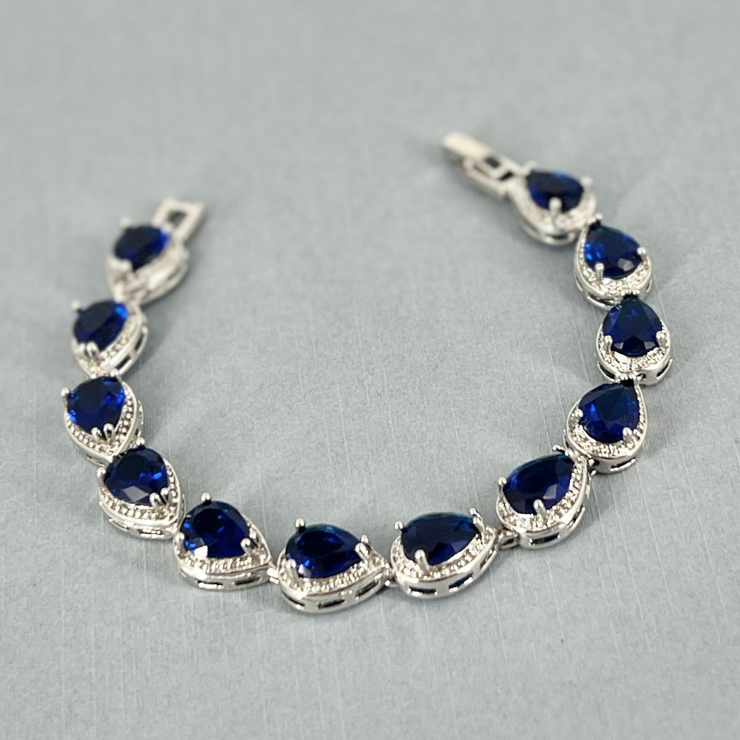 Clearance CZ White Gold Plated Sapphire Blue Teardrop Bracelet