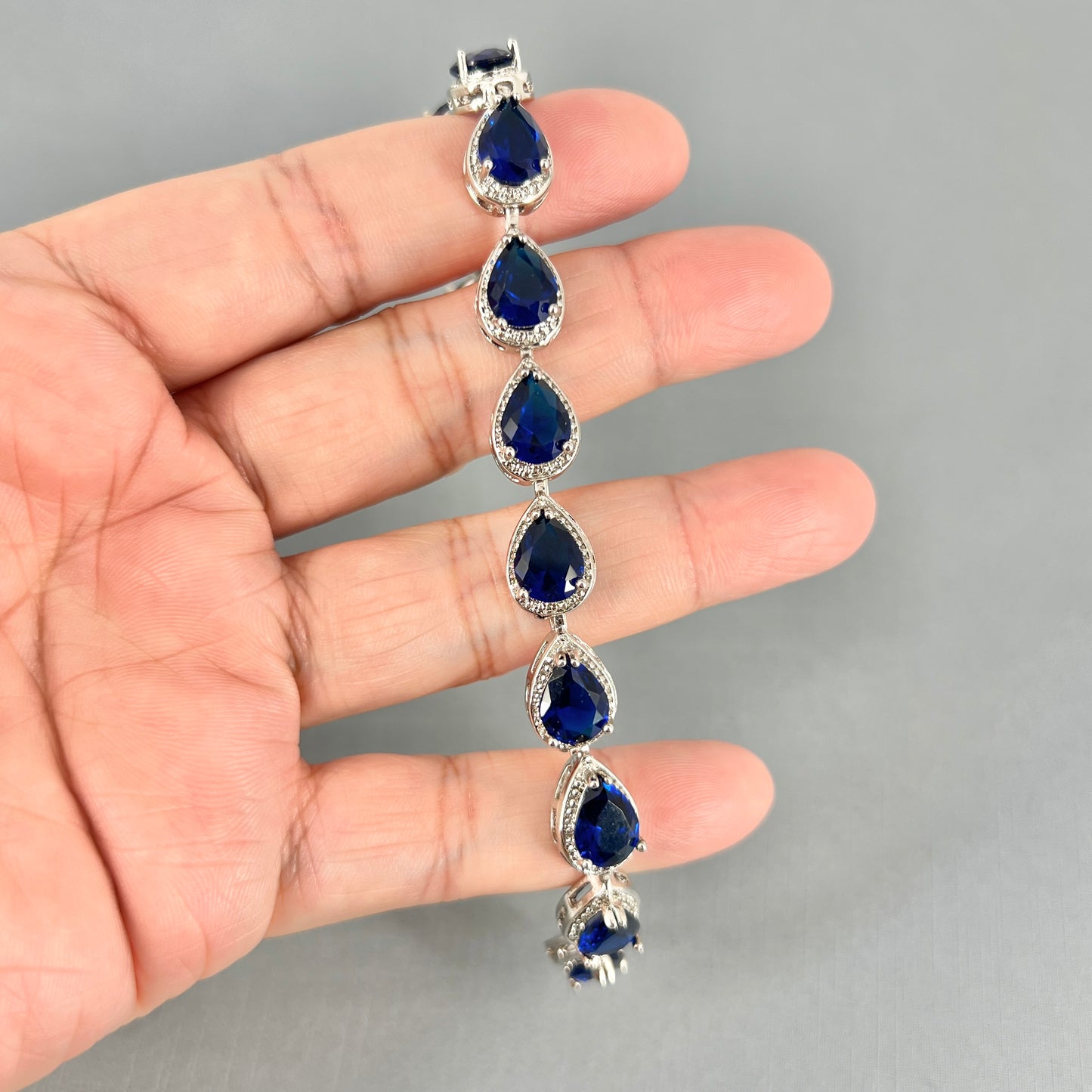 Clearance CZ White Gold Plated Sapphire Blue Teardrop Bracelet