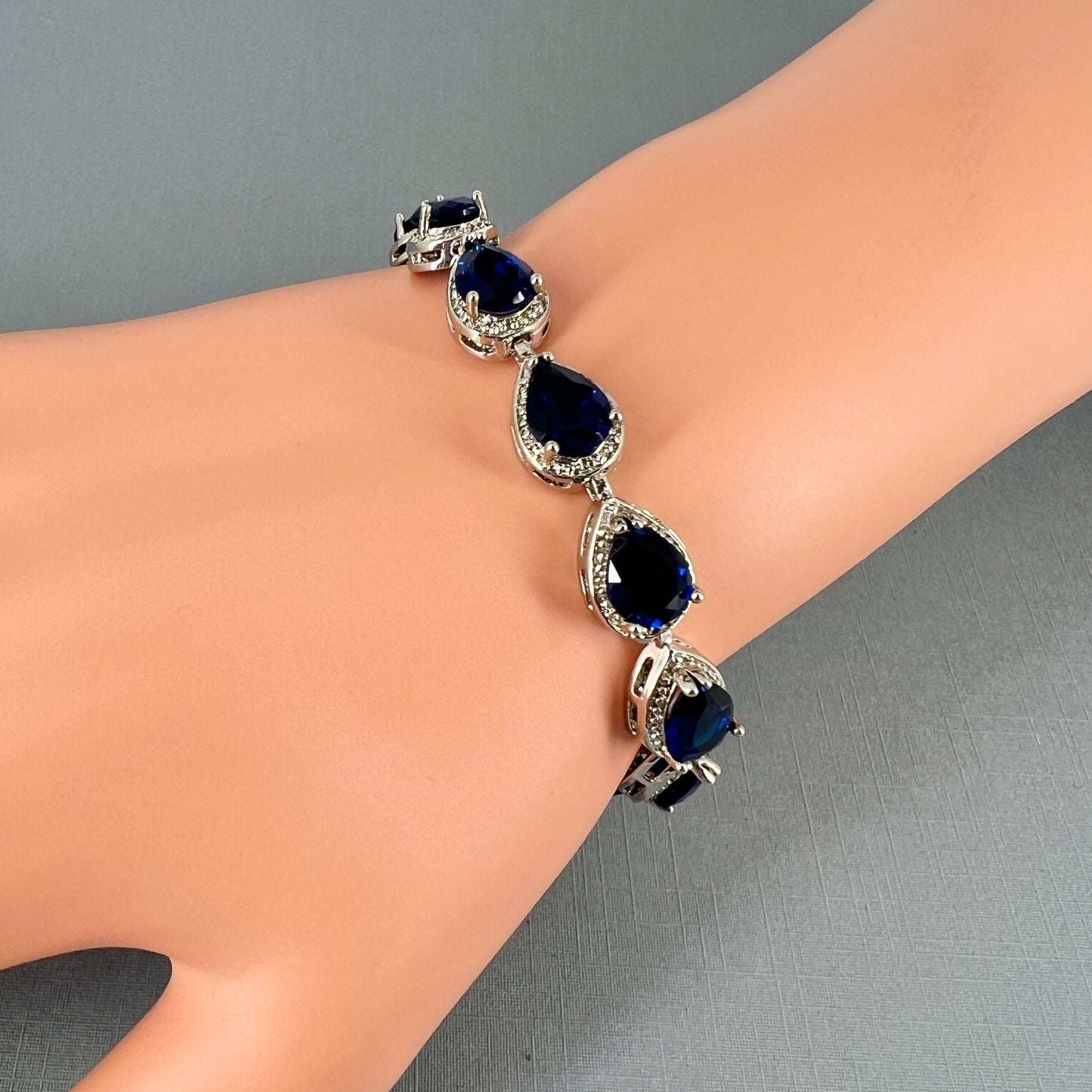 Clearance CZ White Gold Plated Sapphire Blue Teardrop Bracelet