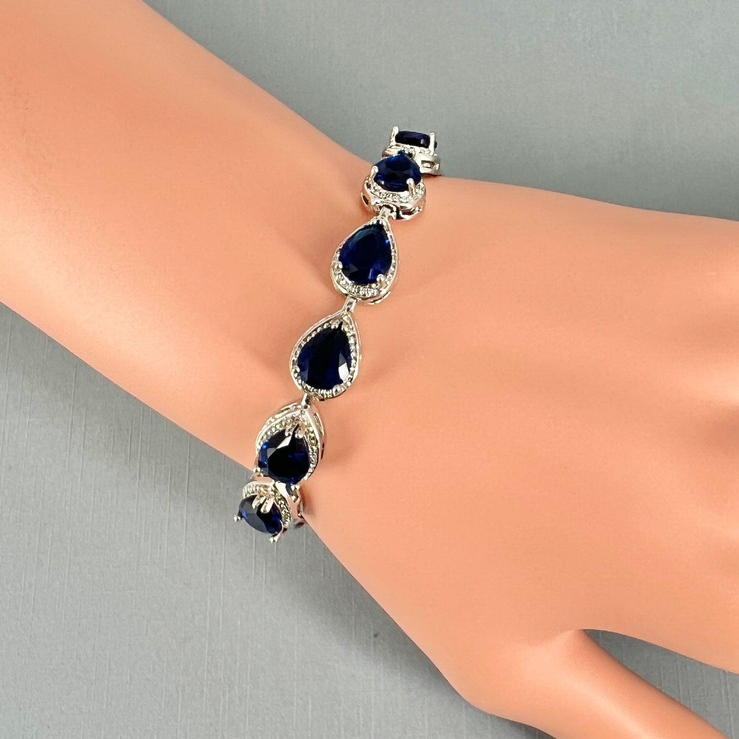 Clearance CZ White Gold Plated Sapphire Blue Teardrop Bracelet