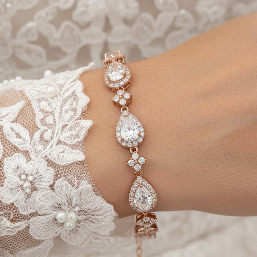 Wedding Bridal Cubic Rose Gold Plated Teardrop Bracelet