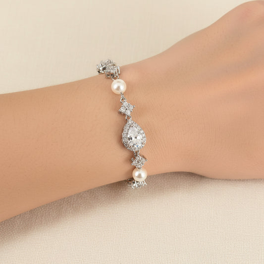 Clearance White Gold Plated Teardrop and Pearl Bracelet