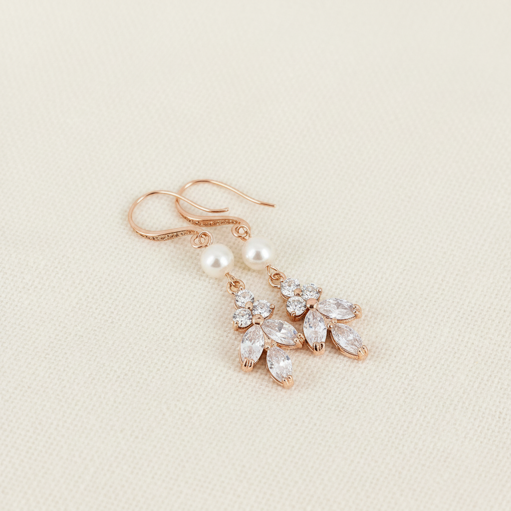 Wedding Bridal 2pcs CZ Floral and Pearl Necklace and Earrings Set