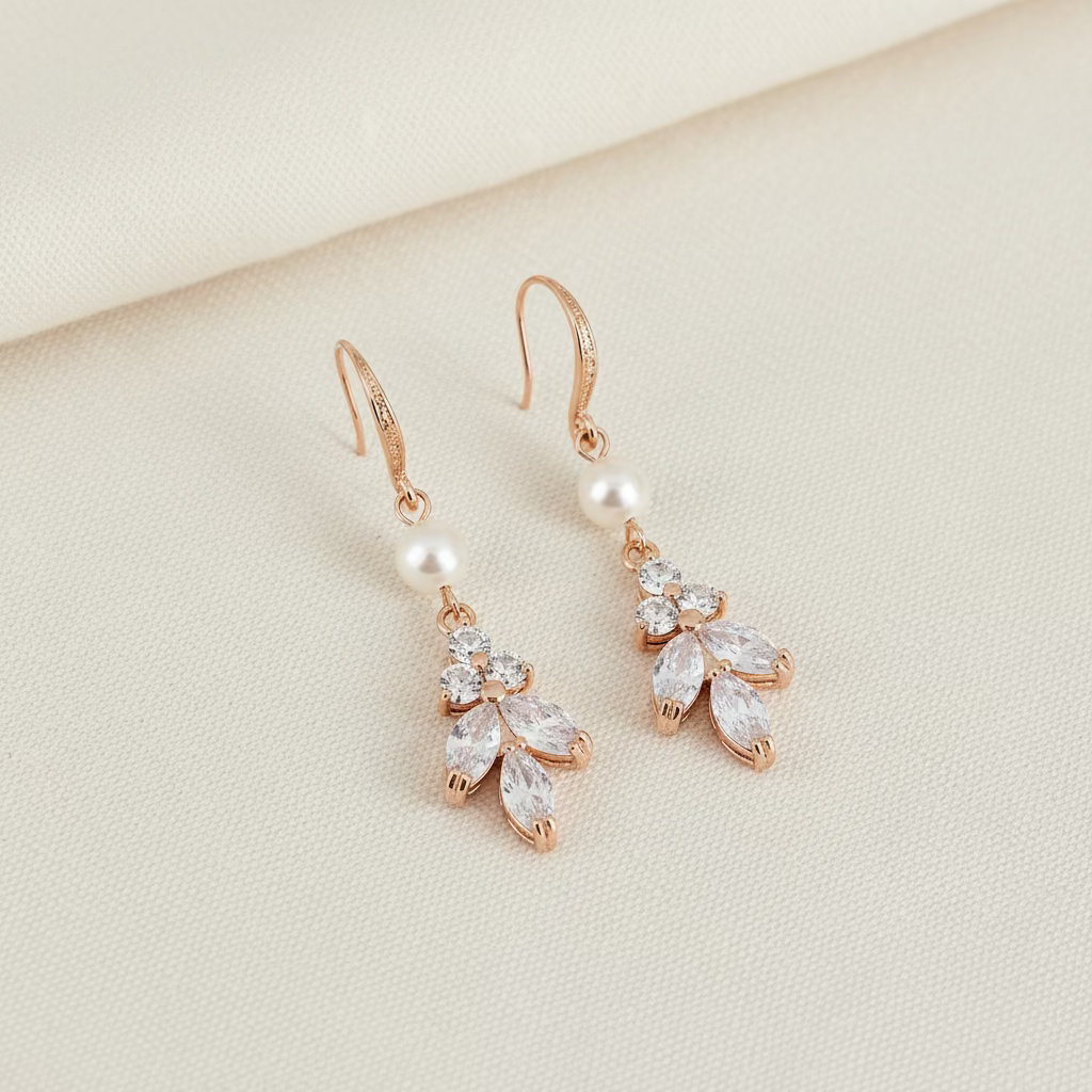Bridal Crystal Floral and Pearl Necklace Earrings Set