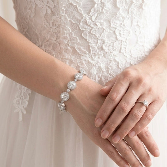 Crystal Bridal Tennis Bracelet Round Halo Wedding Jewelry
