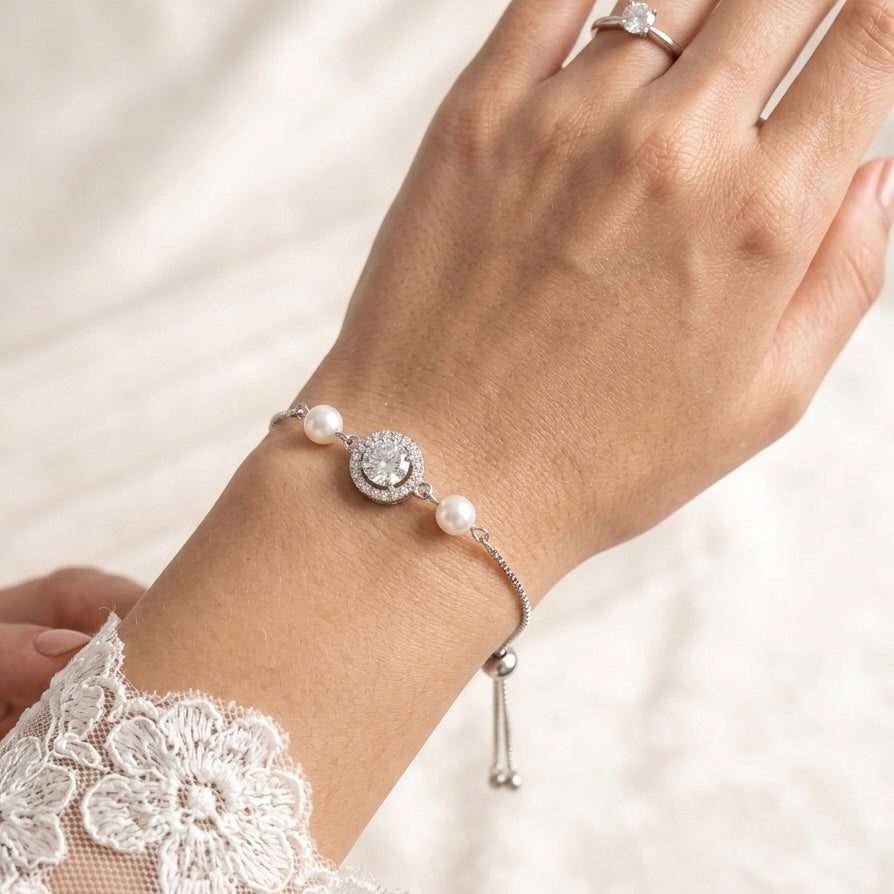 Crystal and Pearl Adjustable Bracelet Wedding Jewelry