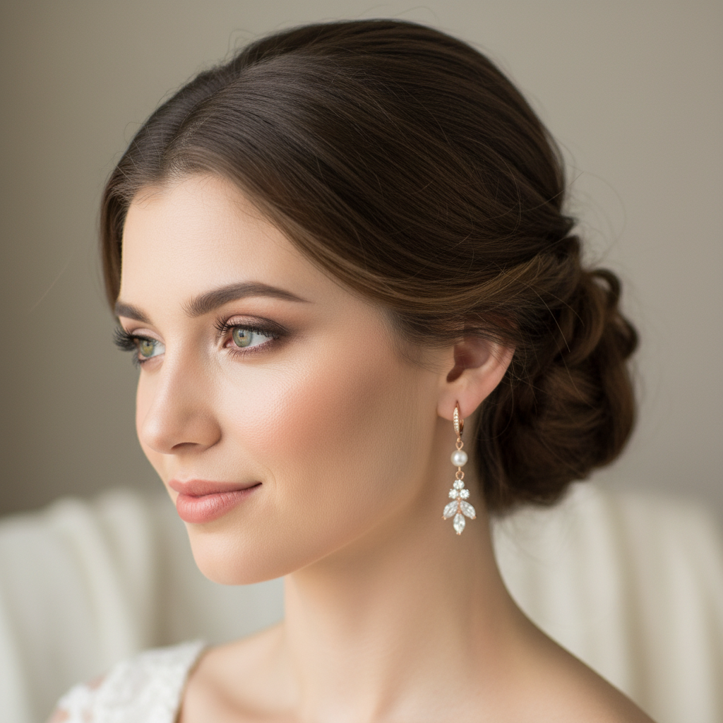 Wedding Bridal 2pcs Floral and Pearl Backdrop CZ Necklace and Earrings Set